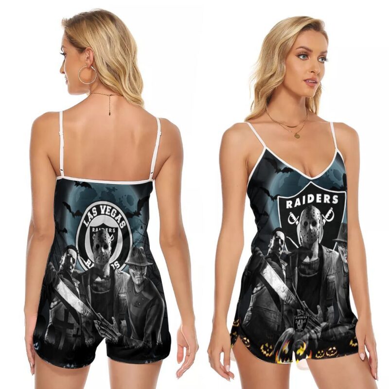 Las vegas raiders jason voorhees michael myers freddy halloween horror 3d designed for las vegas raiders fan V-neck Romper Jumpsuit RJ00744