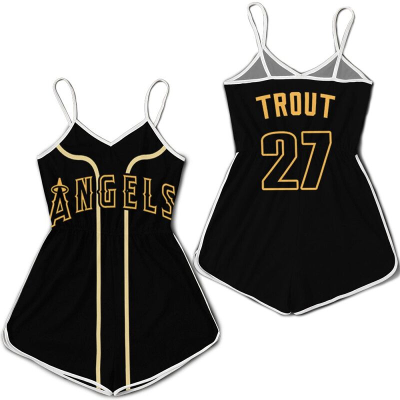 Los Angeles Angels Mike Trout 27 2020 Mlb Golden Black Jersey Inspired Style Gift For Los Angeles Angels Fans Romper Jumpsuit RJ01630