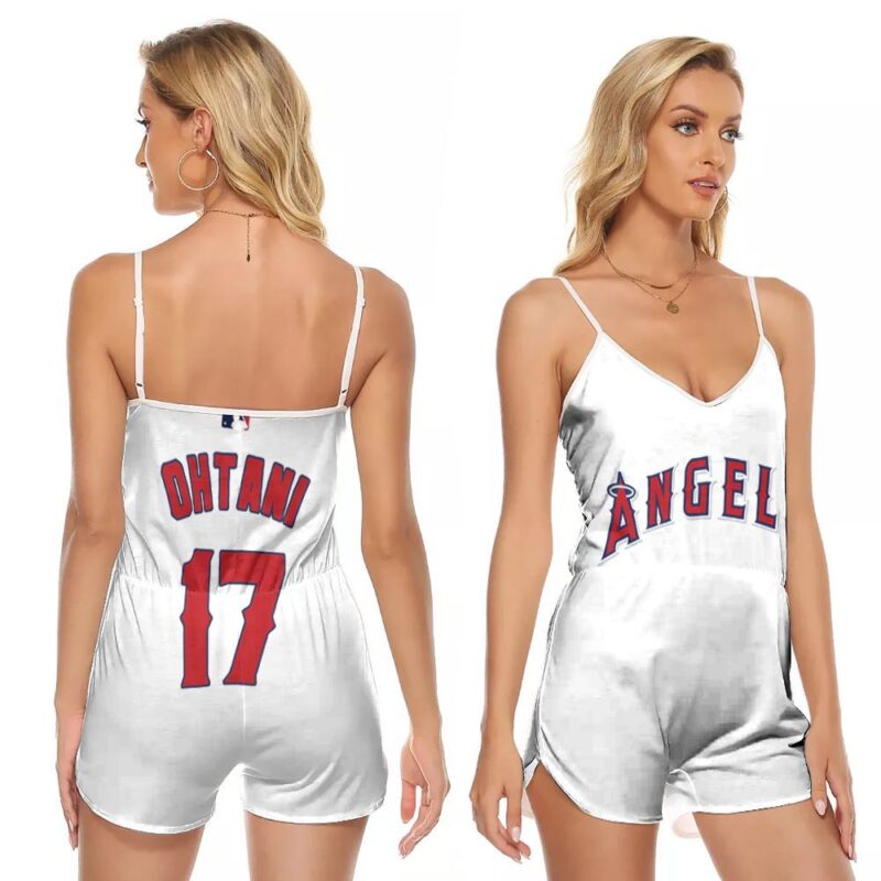 Los Angeles Angels Shohei Ohtani 17 Great Player Majestic Cool Base Player White 2019 Gift For Angels Fans V-neck Romper Jumpsuit RJ00609