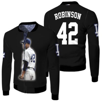 Los Angeles Dodgers Jackie Robinson 42 MLB Great Player Leader Black Gift For Dodgers Fans Fleece Bomber Jacket