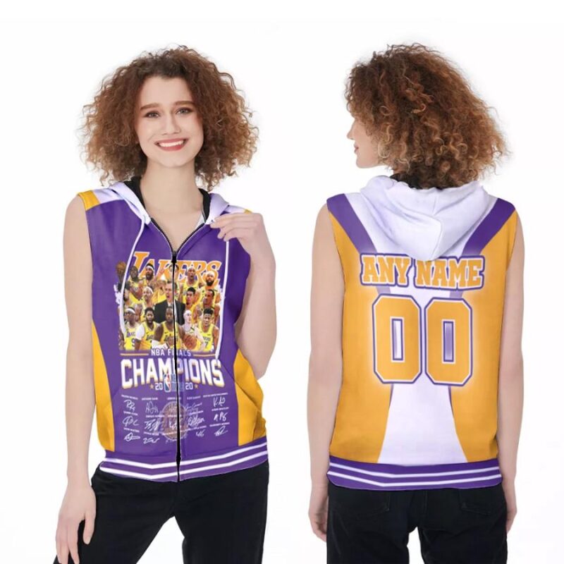 Los Angeles Lakers NBA Finals Champions 2020 Coach And Legends Signatures NBA 3D Custom Name Number For Lakers Fans Zip Sleeveless Hoodie ZSH0251