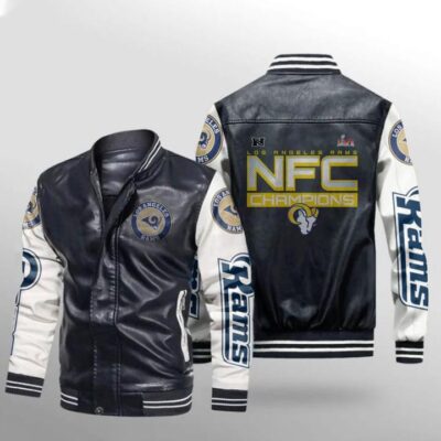 Los Angeles Rams 2021 NFC Champions Iconic Champions Team NFL Black Gift For Rams Fans Leather Bomber Jacket LBJ0137