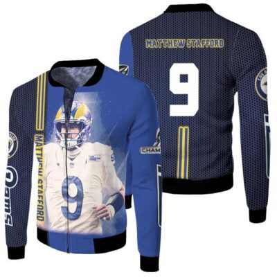 Los Angeles Rams Matthew Stafford 9 NFC Championship 2022 Dark Blue Jersey Style GIft For Rams Fans Matthew Stafford Fans Fleece Bomber Jacket