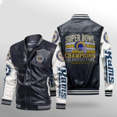 Los Angeles Rams Super Bowl LVI Champions Helmet Logo American Football Team Black Gift For Rams Fans Leather Bomber Jacket LBJ0168
