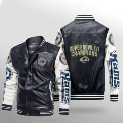 Los Angeles Rams Super Bowl LVI Champions Logo Champions Team Black Gift For Rams Fans Leather Bomber Jacket LBJ0174