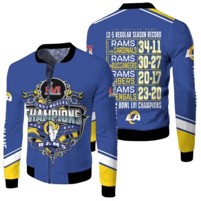 Los Angeles Rams Super Bowl LVI Champions Season Record Scores Match Blue Gift For Rams Fans Fleece Bomber Jacket