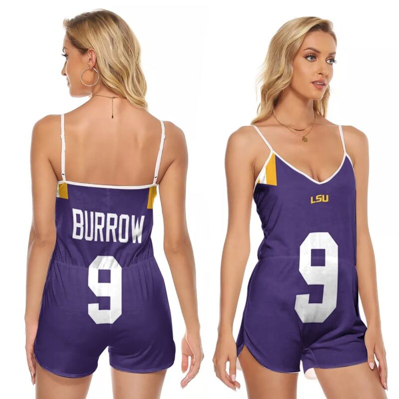 Lsu Tigers And Lady Tigers Lsu Tigers Joe Burrow #9 College University Football Purple Gift For Lsu Fans V-neck Romper Jumpsuit RJ00149