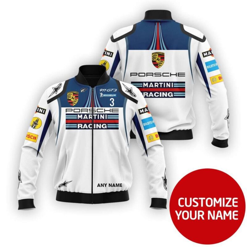 Martini Racing Team Porsche White Racing Suit Style Gift With Custom Name For Martini Racing Team Fans Bomber Jacket BJ04035