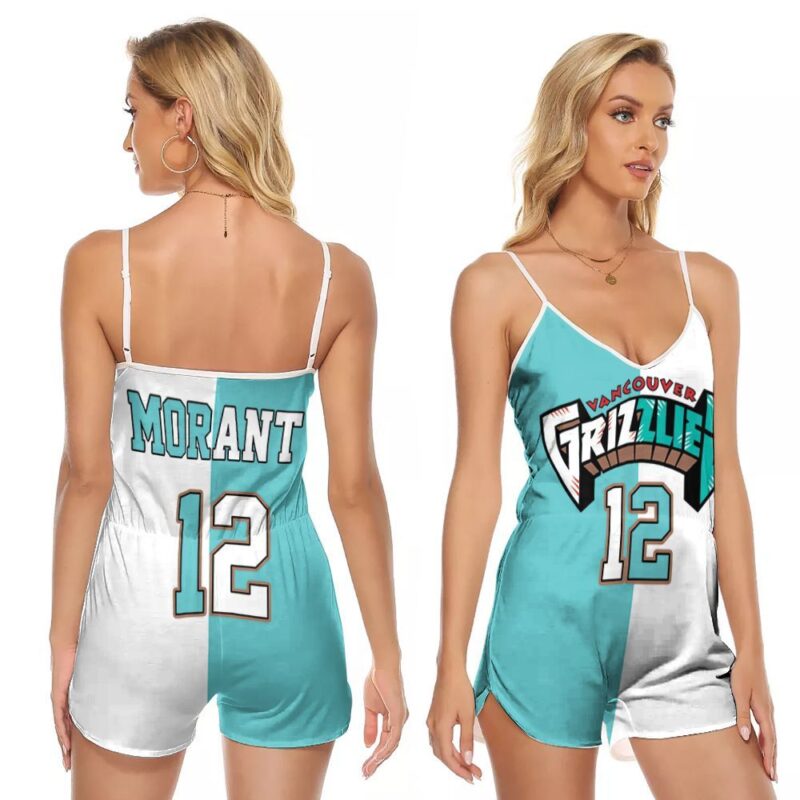 Memphis Grizzlies Ja Morant 12 2020 NBA Basketball New Arrival White Teal Gift For Grizzlies Fans V-neck Romper Jumpsuit RJ00721