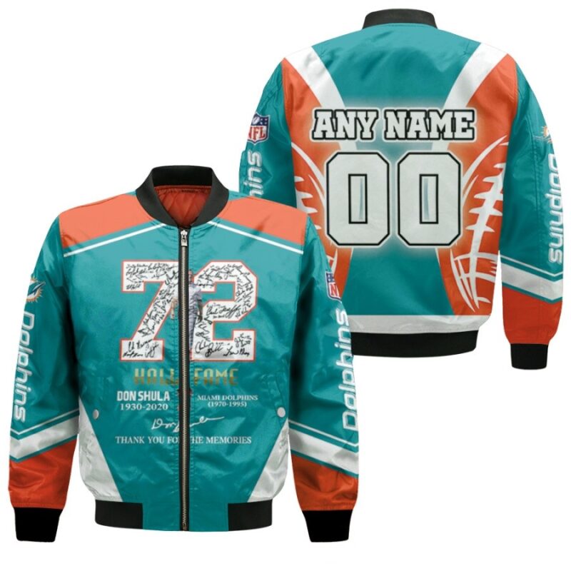 Miami Dolphins Don Shula 72 NFL Hall Of Fame Thank You For The Memories Gift With Custom Name Number For Dolphins Fans Bomber Jacket BJ00947