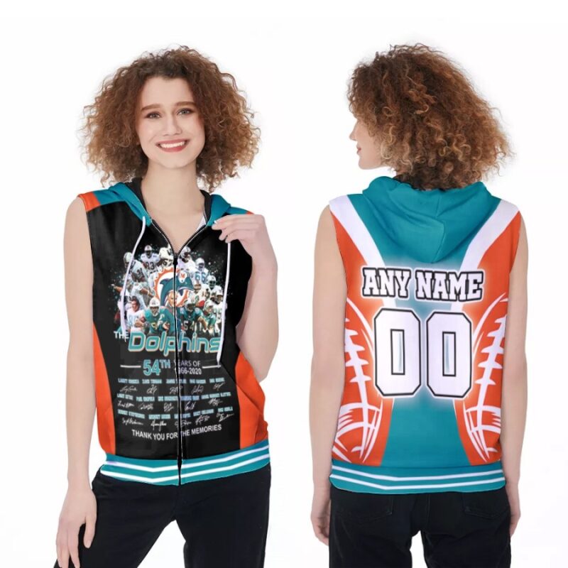 Miami Dolphins The Dolphins 54th Years Of 1966 2020 Thank You For The Memories 3D Custom Name Number For Dolphins Fans Zip Sleeveless Hoodie ZSH1939