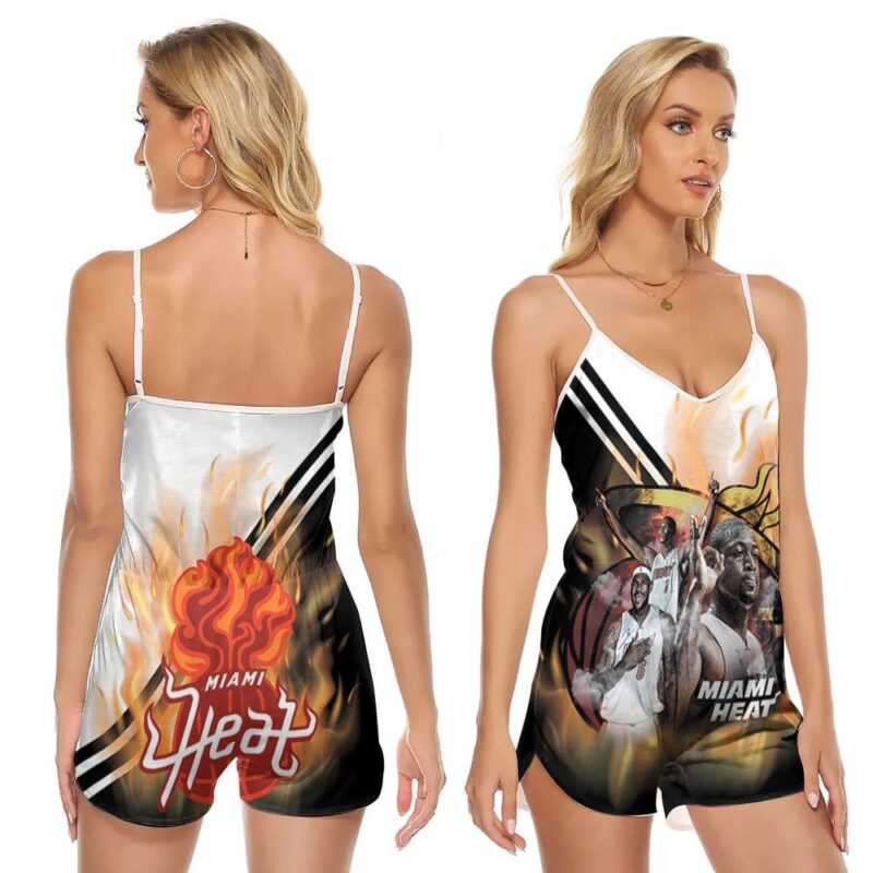 Miami Heat Chris Bosh Lebron James Dwyane Wade On Fire NBA Gift For Miami Fans V-neck Romper Jumpsuit RJ01032