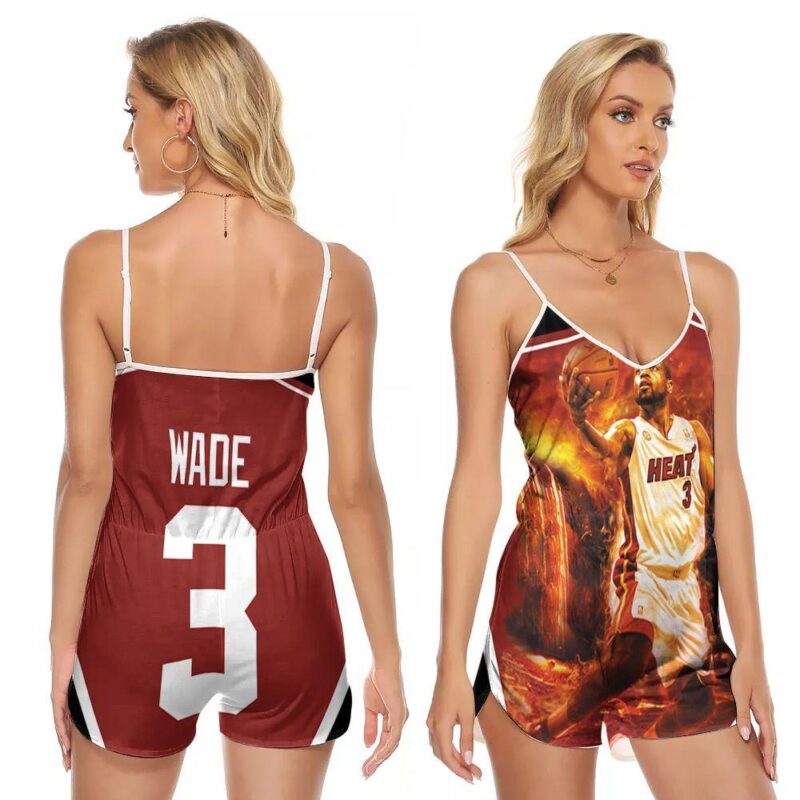 Miami Heat Dwyane Wade 3 NBA Great Player Score Fire Background Legend Gift For Heat Fans V-neck Romper Jumpsuit RJ00605