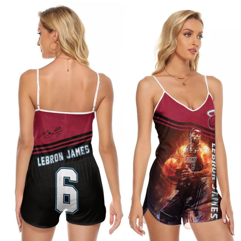 Miami Heat Lebron James 6 NBA Basketball Legend Dribbling Fire Gift For Miami Fans V-neck Romper Jumpsuit RJ01210