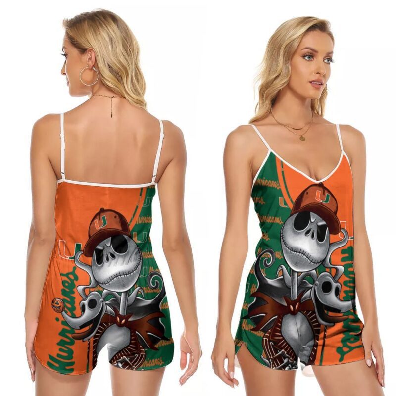 Miami Hurricanes Jack Skellington Halloween 3d designed for Miami Hurricanes fan V-neck Romper Jumpsuit RJ01008