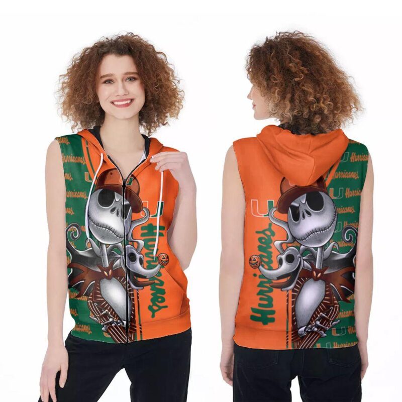 Miami Hurricanes Jack Skellington Halloween 3d designed for Miami Hurricanes fan Zip Sleeveless Hoodie ZSH1244