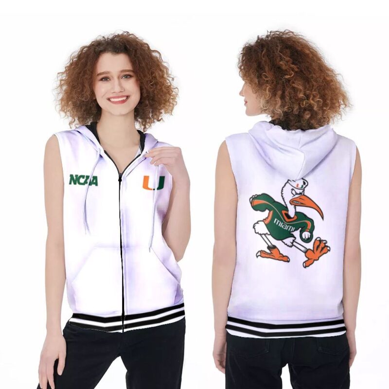 Miami Hurricanes Ncaa Classic White With Mascot Logo Gift For Miami Hurricanes Fans Zip Sleeveless Hoodie ZSH0599