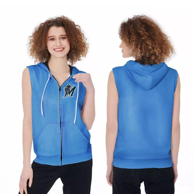 Miami Marlins MLB Baseball Majestic Alternate Cool Base Team Blue Thunder 2019 Jersey Style Gift For Marlins Fans Zip Sleeveless Hoodie ZSH1371