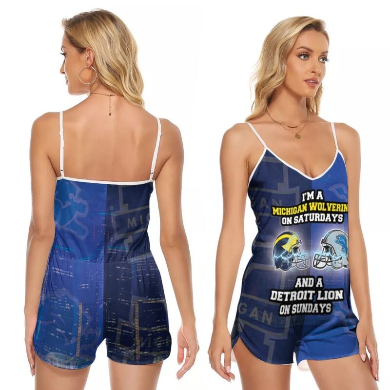 Michigan Wolverine On Saturdays And Detroit Lion On Sundays Fighting Gift For Michigan Fans Detroit Fans V-neck Romper Jumpsuit RJ01277