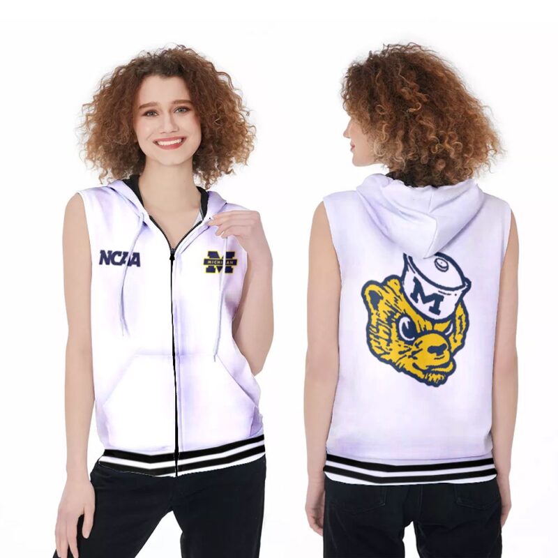 Michigan Wolverines Ncaa Classic White With Mascot Logo Gift For Michigan Wolverines Fans Zip Sleeveless Hoodie ZSH0622