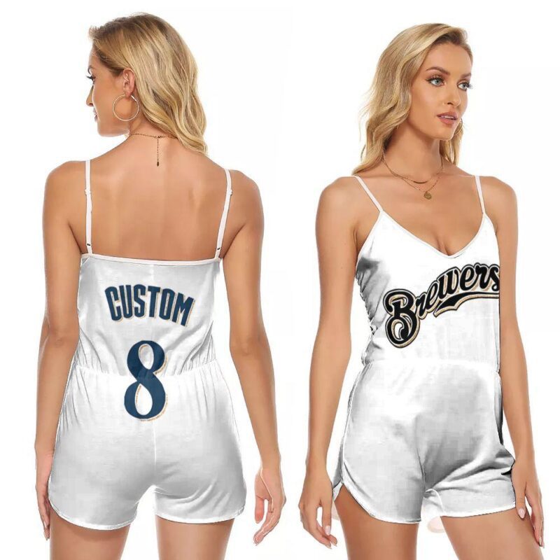 Milwaukee Brewers Ryan Braun 8 MLB Baseball Majestic Home White 2019 Gift For Milwaukee Fans V-neck Romper Jumpsuit RJ01226