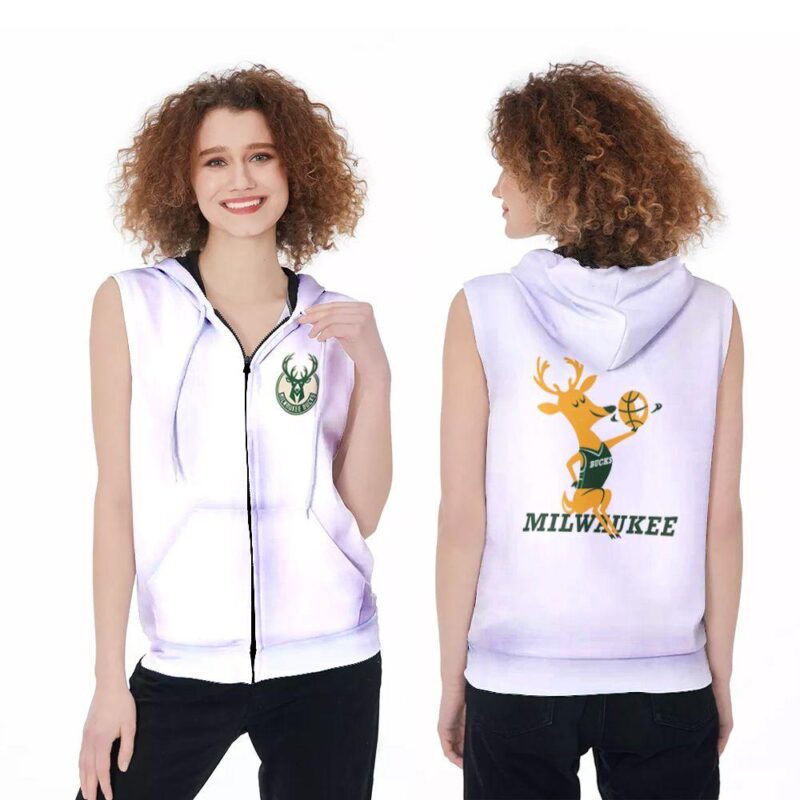 Milwaukee Bucks Basketball Classic Mascot Logo Gift For Bucks Fans White Zip Sleeveless Hoodie ZSH1633