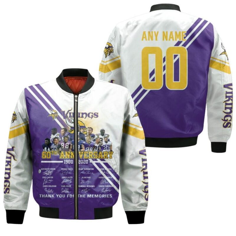 Minesota Vikings 60th Anniversary 1960 2020 Thanks For The Memories 3D Allover Gift With Custom Number Name For Vikings Fans Bomber Jacket BJ04208