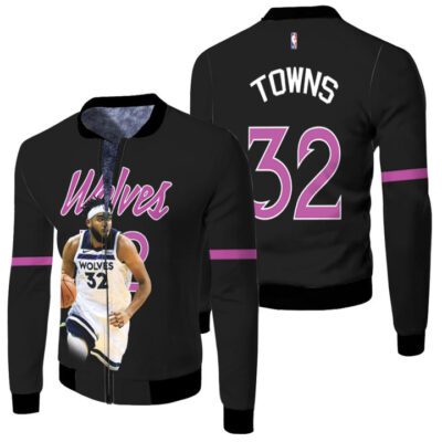Minnesota Timberwolves Karl-Anthony Towns 32 NBA Team City Edition 2019 Purple Jersey Gift for Wolves Fans Fleece Bomber Jacket