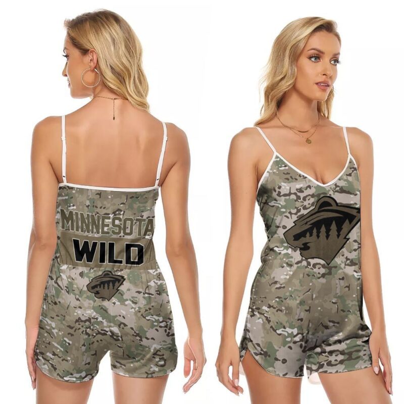 Minnesota Wild Camouflage Veteran US Flag 3d designed for Minnesota Wild fan V-neck Romper Jumpsuit RJ01421