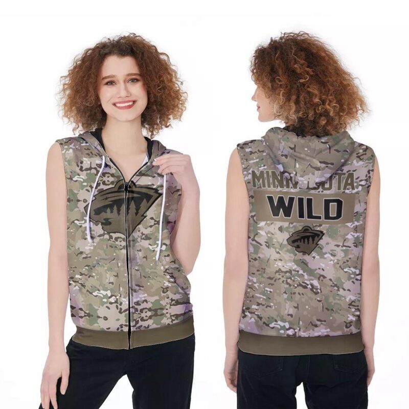 Minnesota Wild Camouflage Veteran US Flag 3d designed for Minnesota Wild fan Zip Sleeveless Hoodie ZSH1310