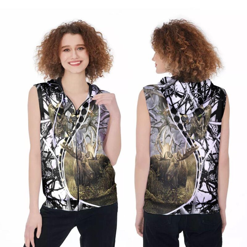 Moose Death Hunter Skull Pattern Gift For Hunting Hunter Lovers Moose Lovers Zip Sleeveless Hoodie ZSH1269
