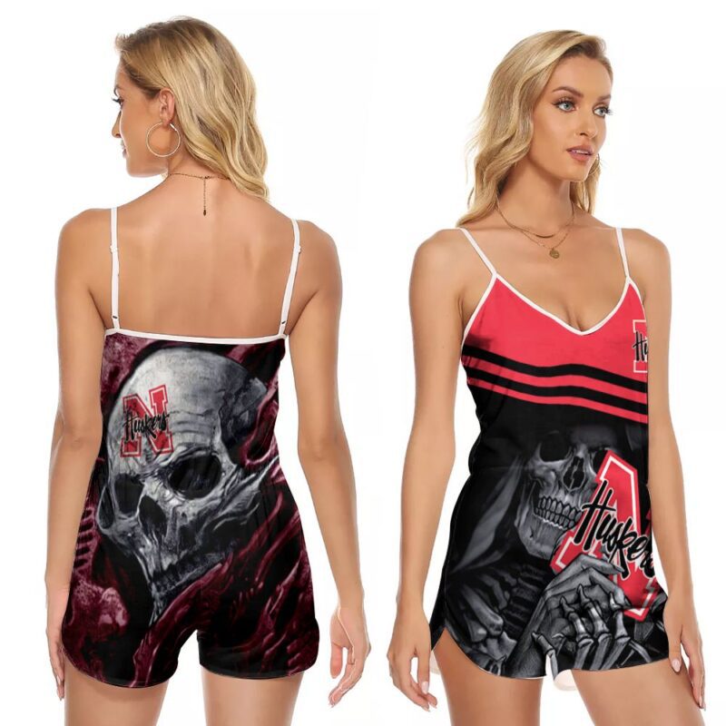 Nebraska Cornhuskers football Team Logo Death Skull Gift For Cornhuskers Fans V-neck Romper Jumpsuit RJ00896