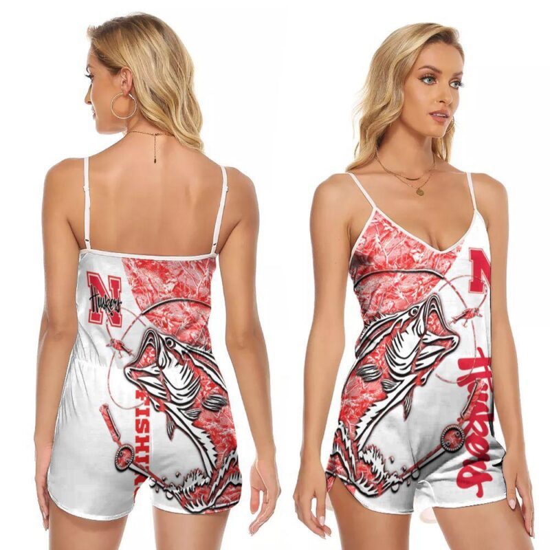 Nebraska huskers ncaa logo fishing catfish pattern 3d designed for Nebraska huskers fan V-neck Romper Jumpsuit RJ00656