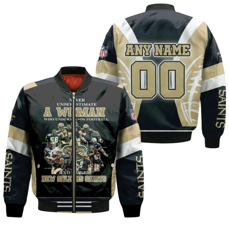 Never Underestimate Woman Understands Football And Loves New Orleans Saints Gift With Custom Name Number For Saints Fans Bomber Jacket BJ00932