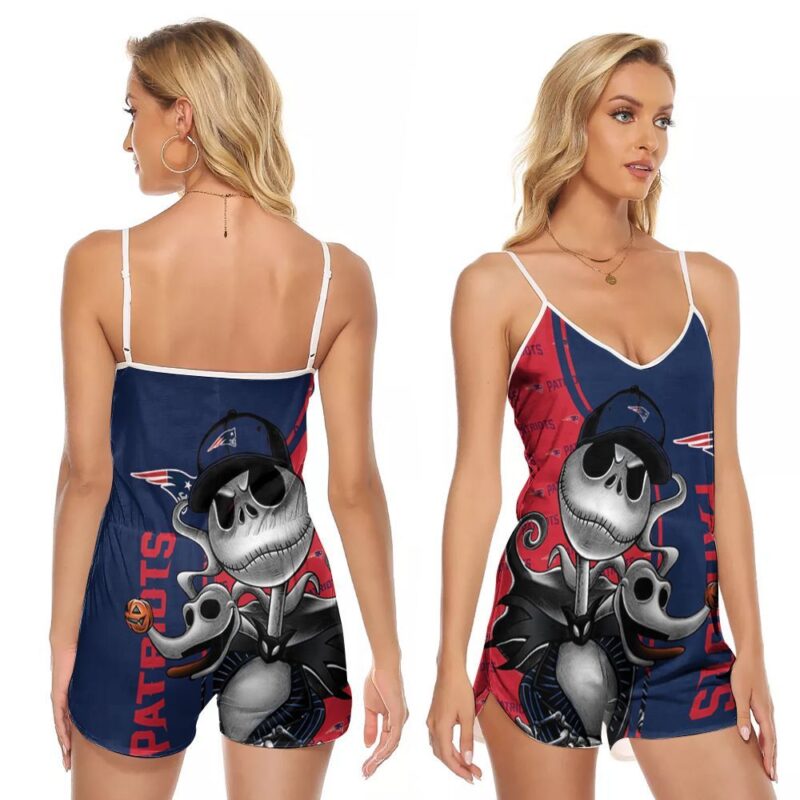 New England Patriots Jack Skellington And Zero Halloween 3d designed for New England Patriots fan V-neck Romper Jumpsuit RJ01006