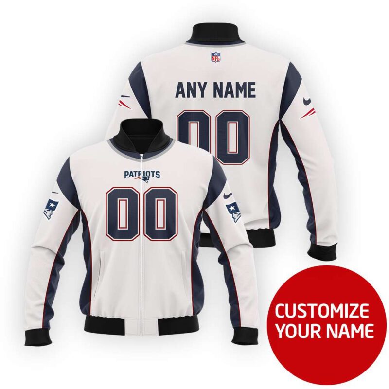New England Patriots Super Bowl Champions Personalized Number Name White Gift For Patriots Fans Bomber Jacket BJ03674