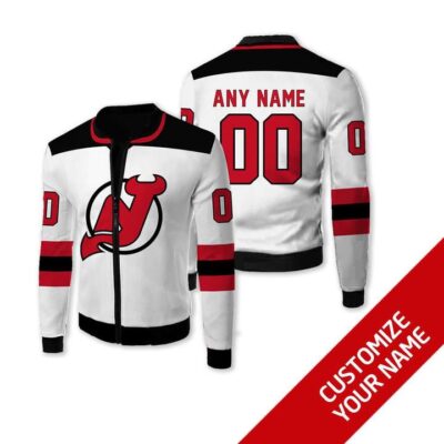 New Jersey Devils #00 Personalized White Jersey Style Gift With Custom Number Name For Devils Fans Fleece Bomber Jacket