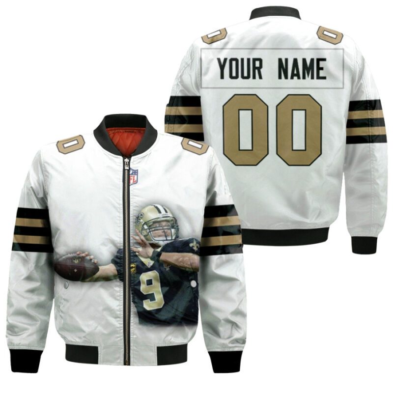 New Orleans Saints Drew Brees 9 NFL Team White Jersey Style Gift With Custom Number Name For Saints Fans Bomber Jacket BJ00309