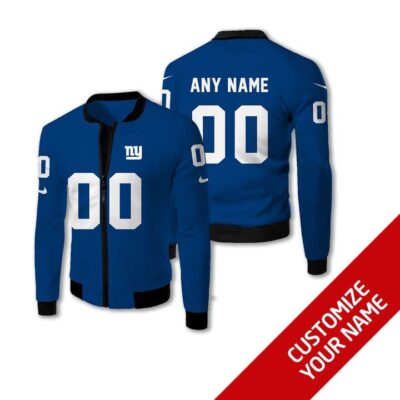 New York Giants #00 Personalized Blue Jersey Style Gift With Custom Number Name For Giants Fans Fleece Bomber Jacket