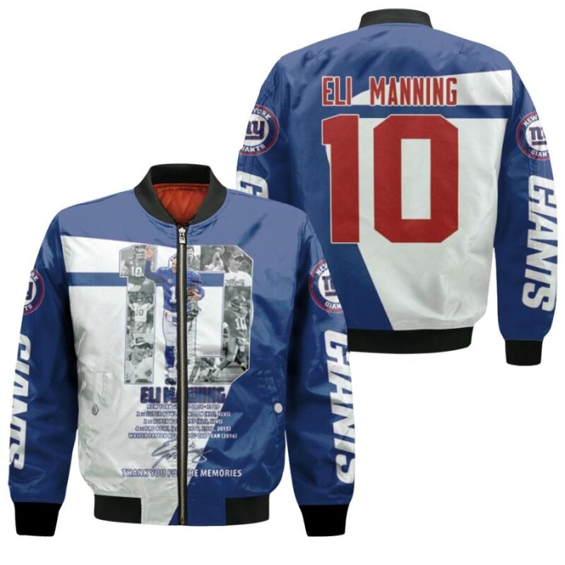 New York Giants Eli Manning 10 NFL Thank You For The Memories Signed 3D Allover Gift For Giants Fans Bomber Jacket BJ00152