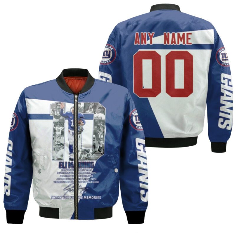 New York Giants Eli Manning 10 NFL Thank You For The Memories Signed 3D Allover Gift With Custom Number Name For Giants Fans Bomber Jacket BJ00151