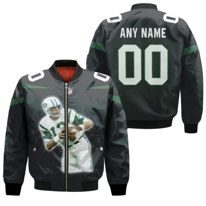 New York Jets Joe Namath 12 NFL Great Player Black 2019 3D Personalized Gift With Custom Number Name For Jets Fans Bomber Jacket BJ04226