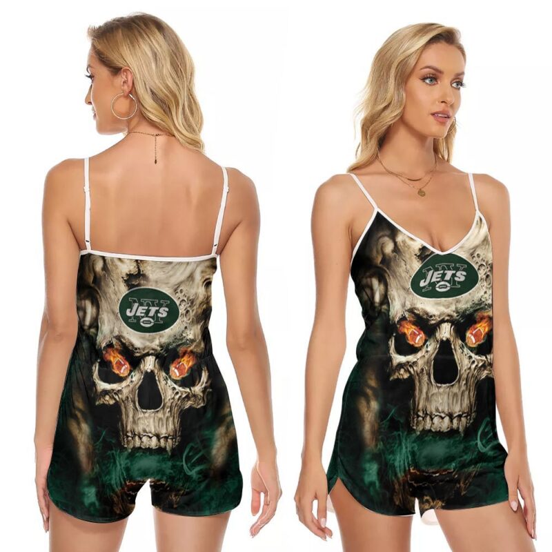 New York Jets NFL American Football Team Logo Lava Skull Jersey Gift For Jets Fans V-neck Romper Jumpsuit RJ01310