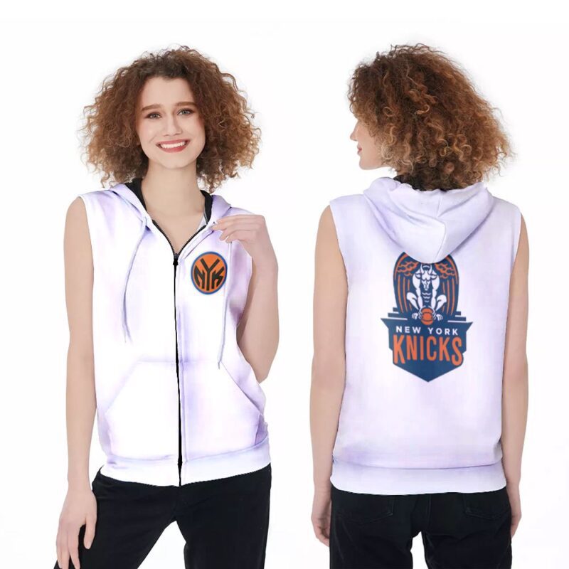 New York Knicks Basketball Classic Mascot Logo Gift For Knicks Fans White Zip Sleeveless Hoodie ZSH1522