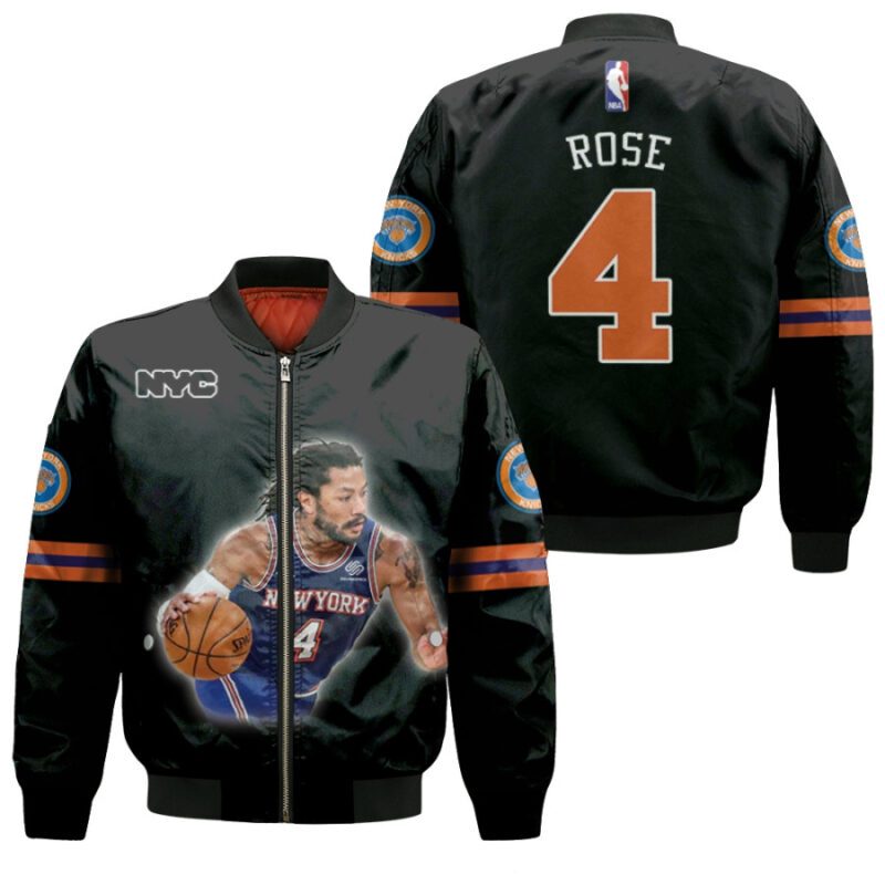 New York Knicks Derrick Rose 4 MLB Great Player Black Gift For Knicks Fans Bomber Jacket BJ00423