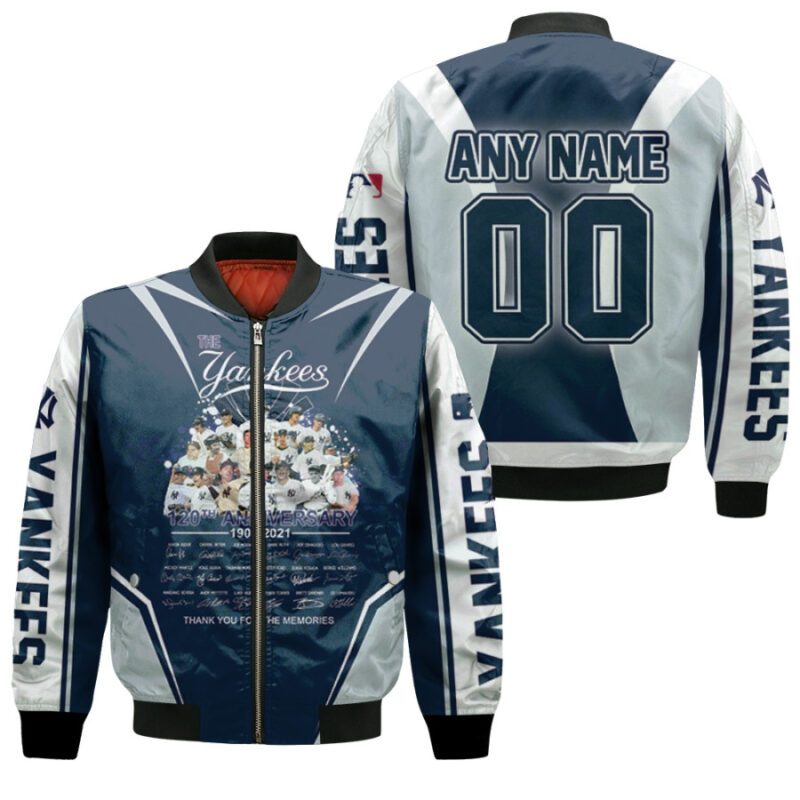 New York Yankees The Yankees 120th Anniversary All Players Signature 3D Allover Gift With Custom Number Name For Yankees Fans Bomber Jacket BJ00108