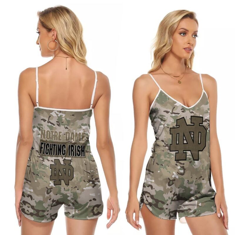 Notre Dame Fighting Irish Camouflage Veteran US flag 3d designed for Notre Dame Fighting Irish fan V-neck Romper Jumpsuit RJ01295