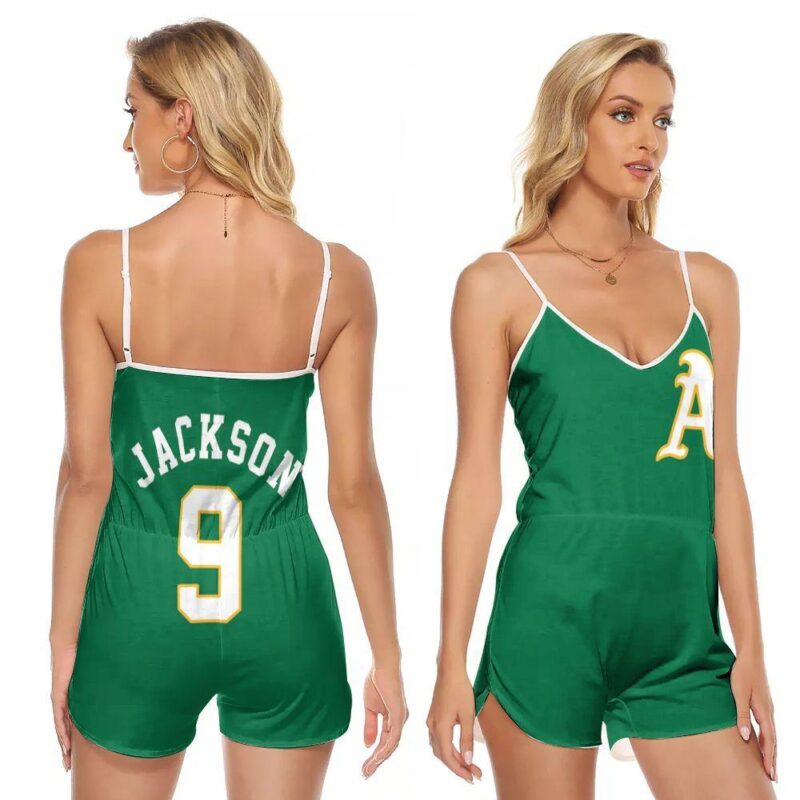 Oakland Athletics Reggie Jackson 9 MLB Baseball 2020 Green Gift For Athletics Fans V-neck Romper Jumpsuit RJ00999