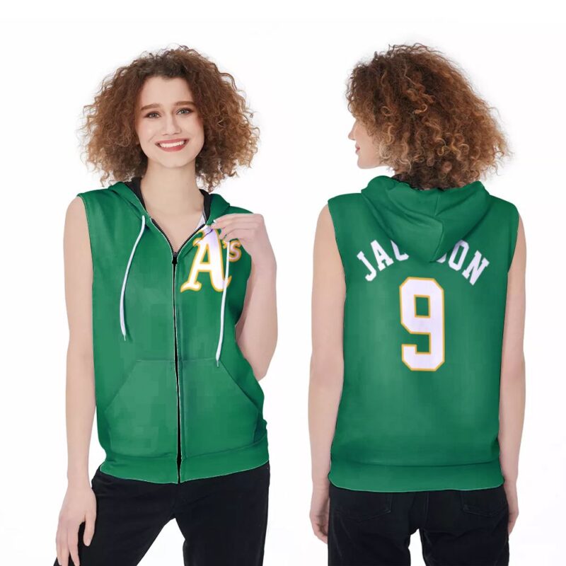 Oakland Athletics Reggie Jackson 9 MLB Baseball 2020 Green Jersey Style Gift For Athletics Fans Zip Sleeveless Hoodie ZSH0518