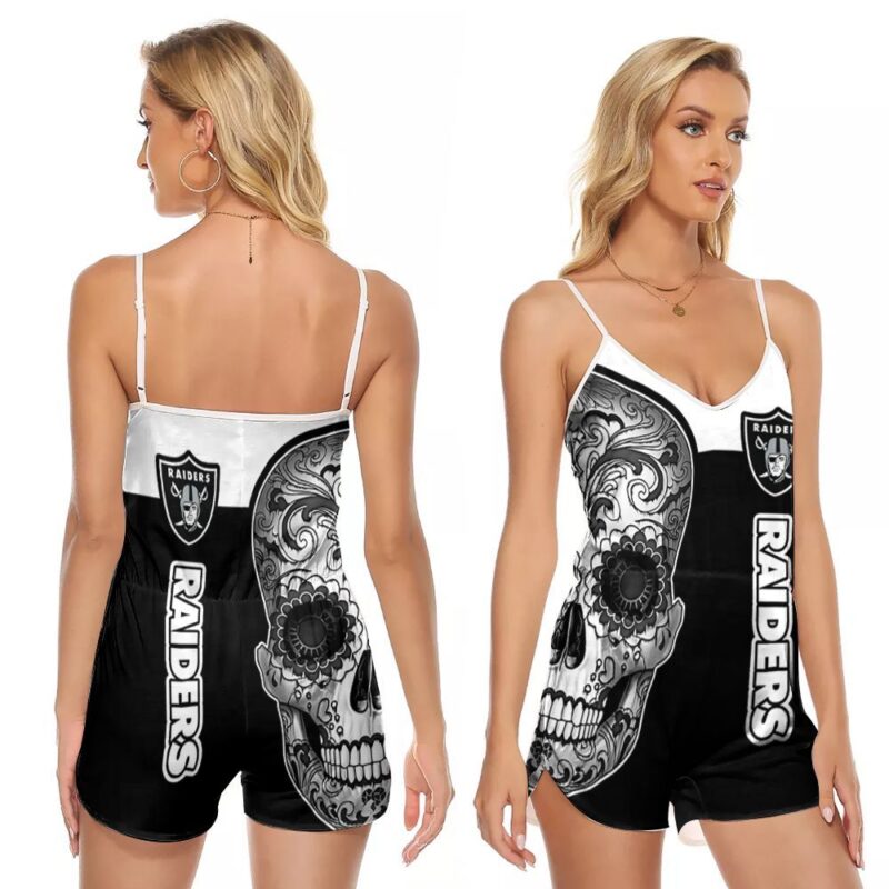 Oakland Raiders Poco Loco Skull 3D Designed For Oakland Raiders Fans Oakland Raiders Lovers V-neck Romper Jumpsuit RJ00899